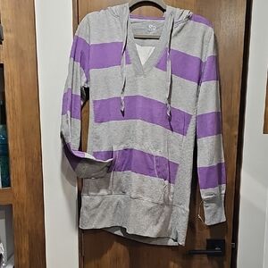 SO Women's V-Neck hoodie in Purple and Gray striped sweater